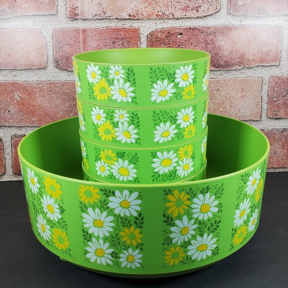 Vintage Green Daisy Aladdinware Plastic Salad Bowls Set | Retro Mod Flower Servi - Picture 1 of 8